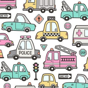 Cars Vehicles Doodle fabric Pink on White