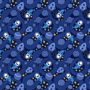 shark astronaut pattern with moon, planets, stars. Galaxy illustration.