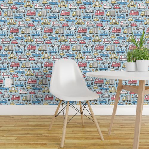 Wallpaper Cars Vehicles Doodle Fabric On Light Blue