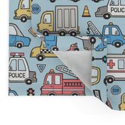 Cars Vehicles Doodle fabric on Light Blue