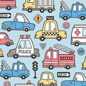 Cars Vehicles Doodle fabric on Light Blue