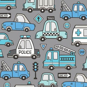 Blue  Cars Vehicles Doodle fabric on Dark Grey