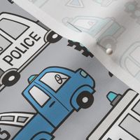 Blue  Cars Vehicles Doodle fabric on Light Grey