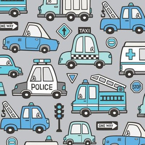 Blue  Cars Vehicles Doodle fabric on Light Grey