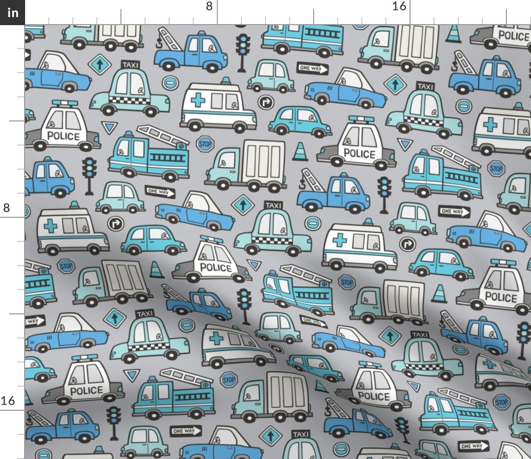 Blue  Cars Vehicles Doodle fabric on Light Grey