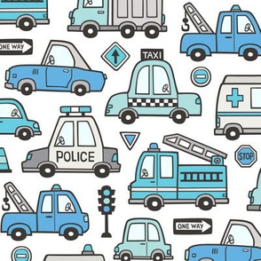 Blue  Cars Vehicles Doodle fabric on White