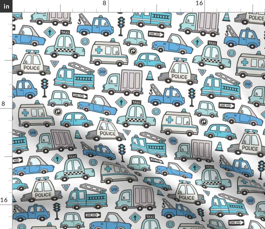 Blue  Cars Vehicles Doodle fabric on White