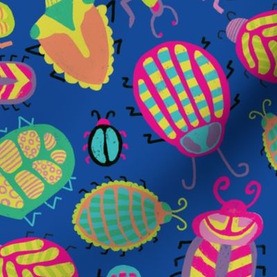Colorful tropical bugs on a blue background.