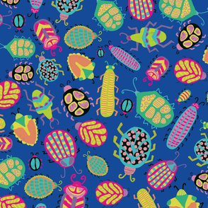 Colorful tropical bugs on a blue background.