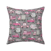 Pink Cars Vehicles Doodle fabric on Dark Grey