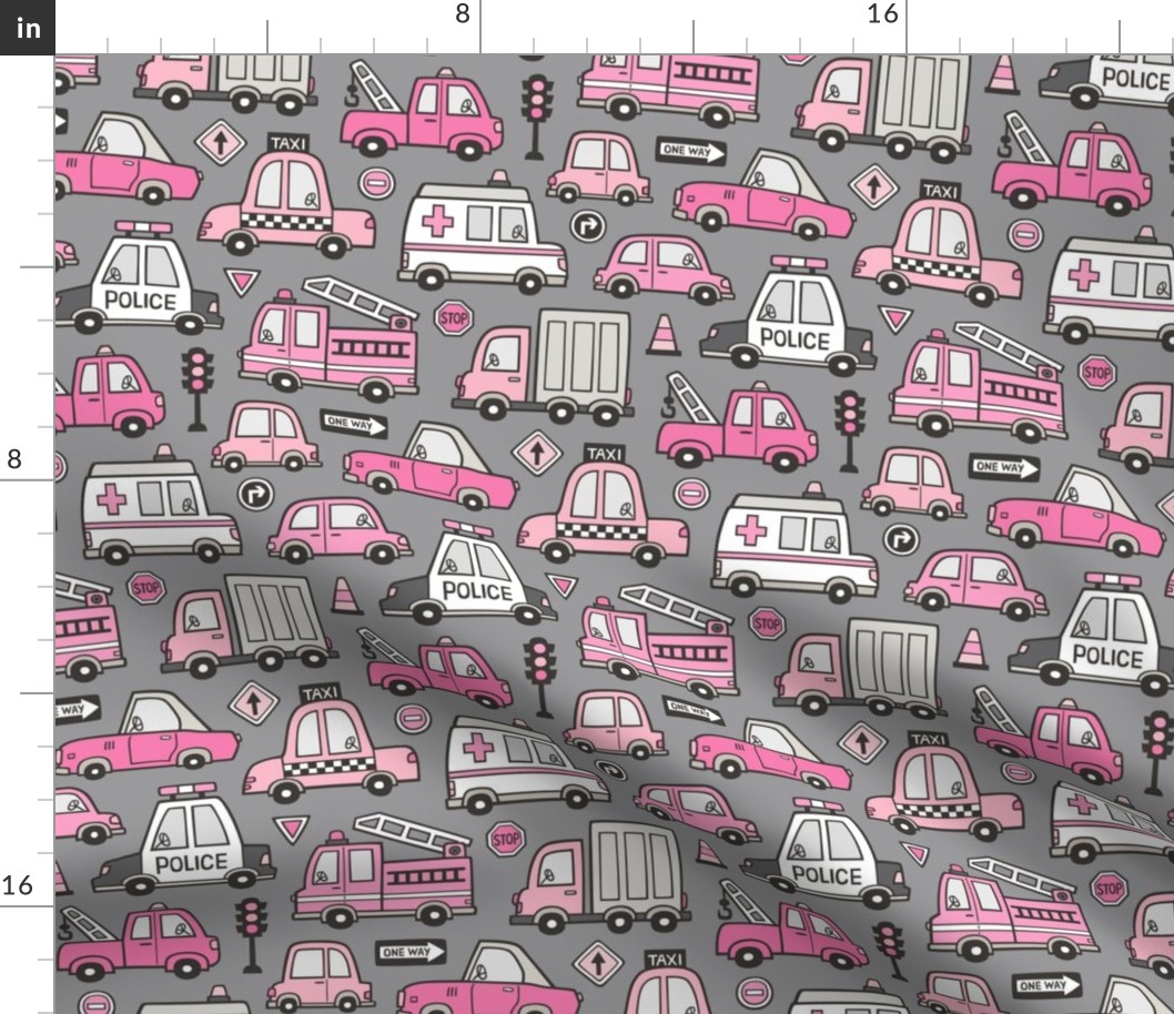 Pink Cars Vehicles Doodle fabric on Dark Grey