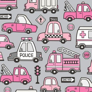 Pink Cars Vehicles Doodle fabric on Light Grey