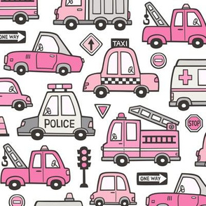 Pink Cars Vehicles Doodle fabric on White