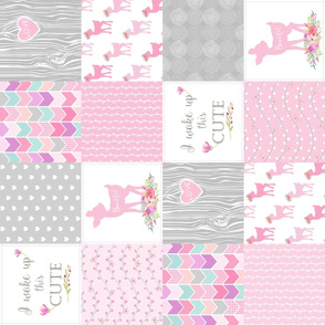 Pink Baby Girl Quilt – I Woke Up This Cute – Deer Patchwork Floral Wholecloth (rotated)