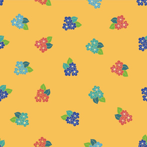 Scattered blue and red flowers on a yellow background
