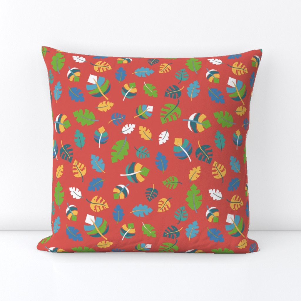 Tropical leaves on a red background. Green, blue, teal, yellow, and white leaves on red. Leaf pattern. Jungle leaves.