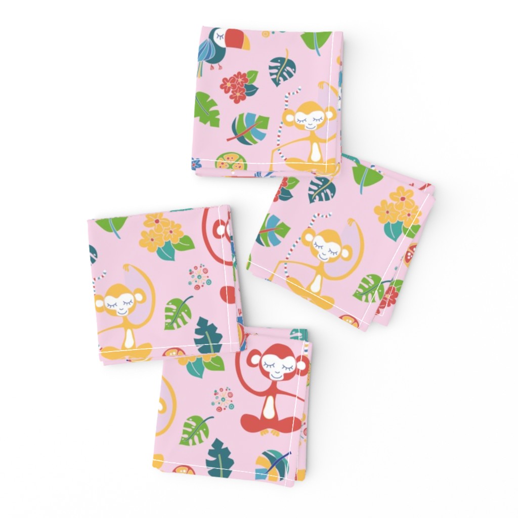 Monkeys toucans tropical flowers bananas jungle leaves tropical fruits on a pink background. Meditating monkey. Cute girl pattern. Nursery.