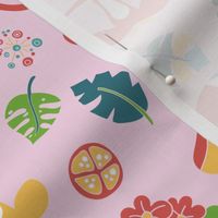 Monkeys toucans tropical flowers bananas jungle leaves tropical fruits on a pink background. Meditating monkey. Cute girl pattern. Nursery.