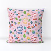 Monkeys toucans tropical flowers bananas jungle leaves tropical fruits on a pink background. Meditating monkey. Cute girl pattern. Nursery.