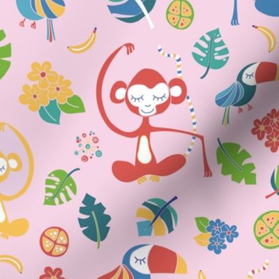 Monkeys toucans tropical flowers bananas jungle leaves tropical fruits on a pink background. Meditating monkey. Cute girl pattern. Nursery.