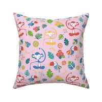 Monkeys toucans tropical flowers bananas jungle leaves tropical fruits on a pink background. Meditating monkey. Cute girl pattern. Nursery.