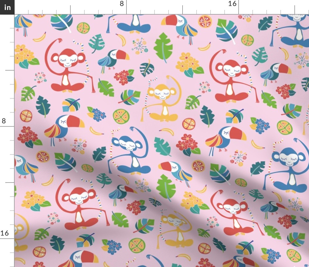 Monkeys toucans tropical flowers bananas jungle leaves tropical fruits on a pink background. Meditating monkey. Cute girl pattern. Nursery.