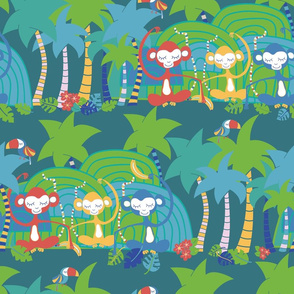 Monkeys and toucans in the tropical forest. Jungle leaves bananas tropical fruits palm trees. Meditating monkeys. Cute kids pattern. Nursery.