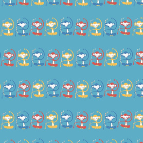 Meditating monkeys in a row on a blue background.