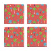 Palm trees on a red background. Colorful palm trees. Green, blue, teal, yellow, and white palm trees on red. Tropical pattern. Summer print.