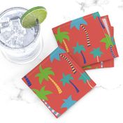Palm trees on a red background. Colorful palm trees. Green, blue, teal, yellow, and white palm trees on red. Tropical pattern. Summer print.