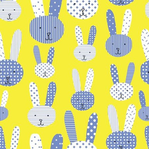 Blue bunnies. Collage bunnies. Doodle bunny. Blue bunnies on a lime background. Blue rabbit. Cute babies and children's fabric.