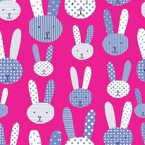 Cute blue doodle bunnies on a pink background. Collage bunny. Blue bunnies on a lime background. Blue rabbit. Babies and children's print