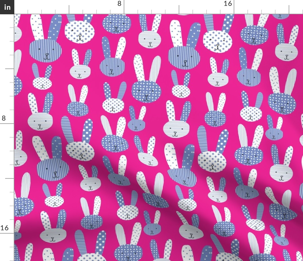 Cute blue doodle bunnies on a pink background. Collage bunny. Blue bunnies on a lime background. Blue rabbit. Babies and children's print