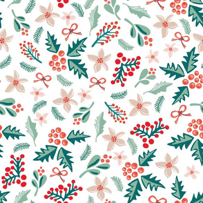 Merry and Bright Mistletoes and Poinsettia flowers on white