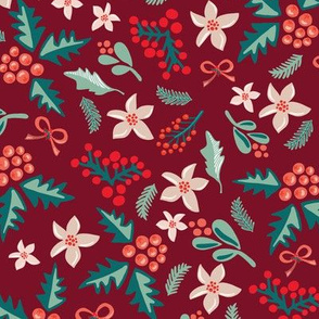 Merry and Bright Mistletoes and Poinsettia flowers on red