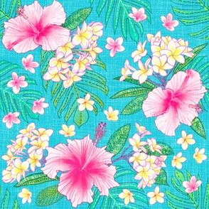 Hibiscus & Plumeria Linen (aqua) 6”