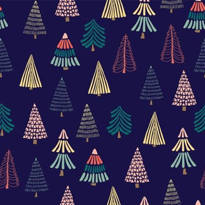 Doodle trees on dark blue