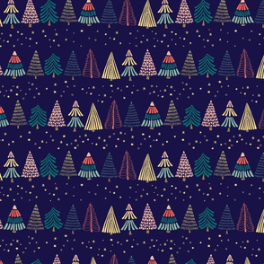 Doodle Christmas trees under the starry sky 