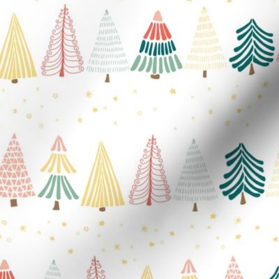 Doodle Christmas trees under the starry sky