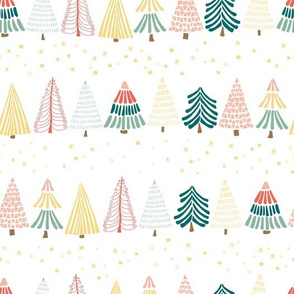 Doodle Christmas trees under the starry sky