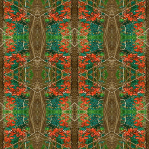 Emerald Forest w-red leaves _ brown bark trunks 18x18