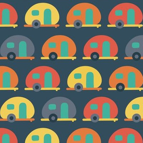 Campervan trailer RV caravans blue red yellow in a row. Dark blue background. Fun vehicle pattern for boys!