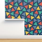 Red yellow blue teal turquoise triangles on a dark blue background. Scattered triangles. Randomly placed triangles. Geometric print. 