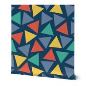 Red yellow blue teal turquoise triangles on a dark blue background. Scattered triangles. Randomly placed triangles. Geometric print. 
