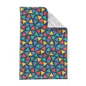 Red yellow blue teal turquoise triangles on a dark blue background. Scattered triangles. Randomly placed triangles. Geometric print. 