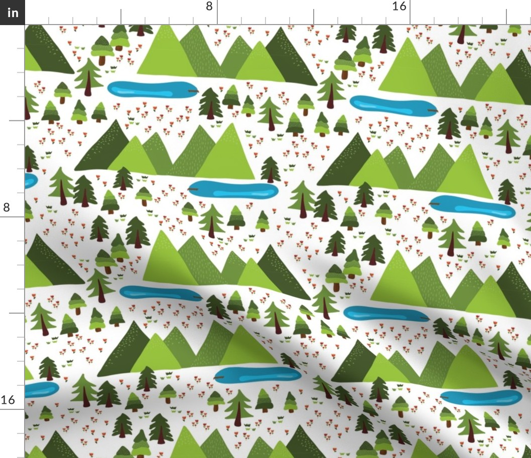 Mountain forest with lots of trees, flower meadow, and lakes on a white background. 