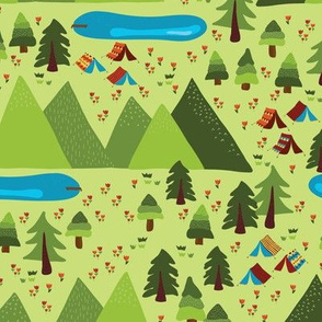 Teepee tents in the forest. Camping scene with trees, mountains, flowers, and lakes. Gypsy tents. Boho tents in the forest. Campsite.