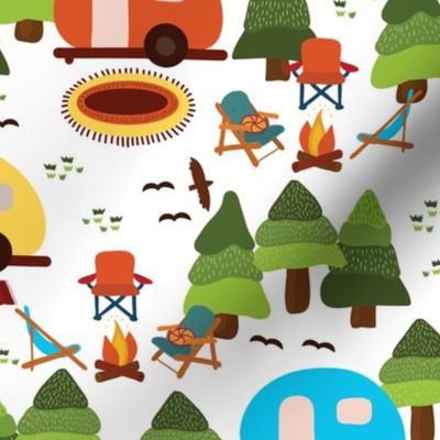 Campsite with caravans, campfire, camping chairs, trees, carpet, birds. Camping in the forest. Campground. RV. Camp night. Big scale.