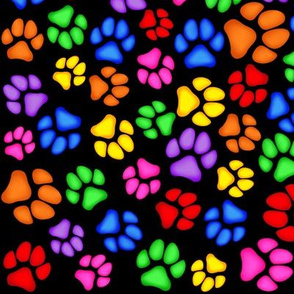 Rainbow Paw Print Scattered on Black Large