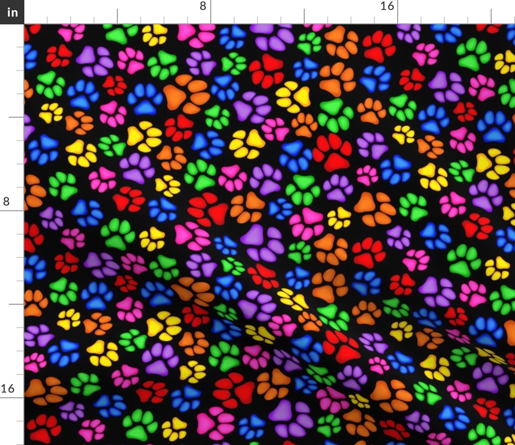 Rainbow Paw Print Scattered on Black Large